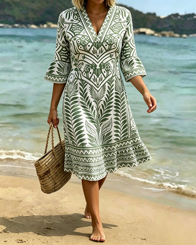 Robe Col V Manches Volant Imprimé Feuilles