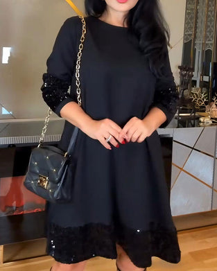 Robe Avec Design À Manches Longues, Détail de Col Rond, Broderie De Paillettes Et Silhouette Lâche