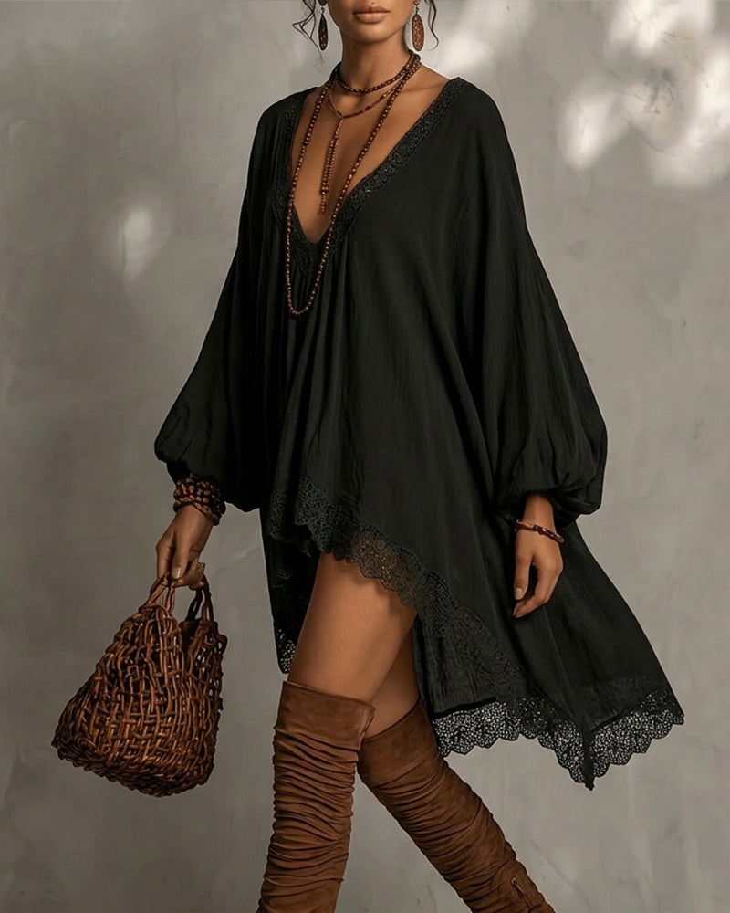 Robe Col V Dentelle Asymétrique