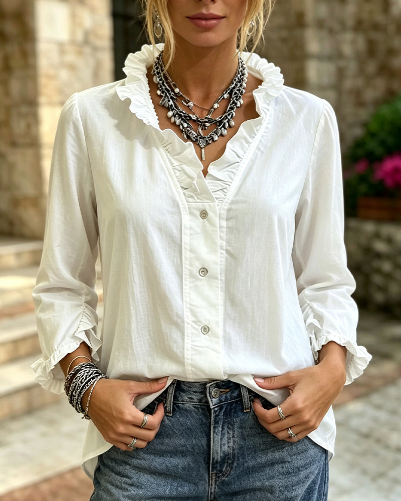 Blouse Volant Garniture Bouton Unie Manche Longue