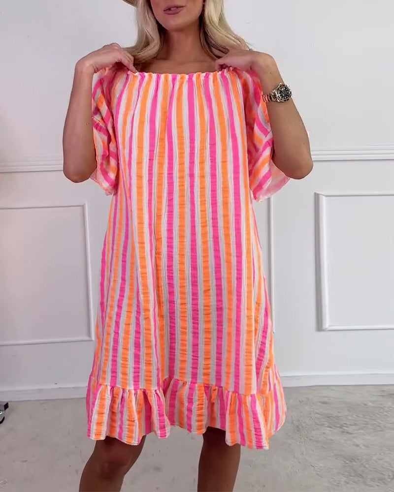 Robe Col Rond Rayée Plissée Coupe Droite