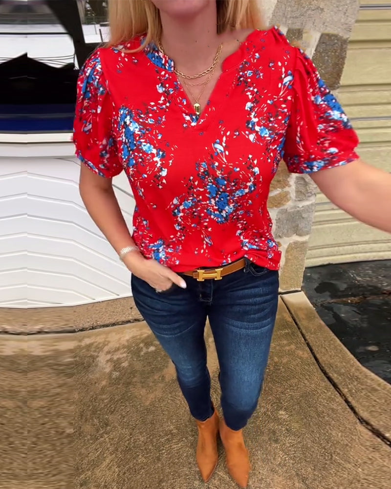 T-Shirt Col V Imprimé Fleuri Manches Courtes