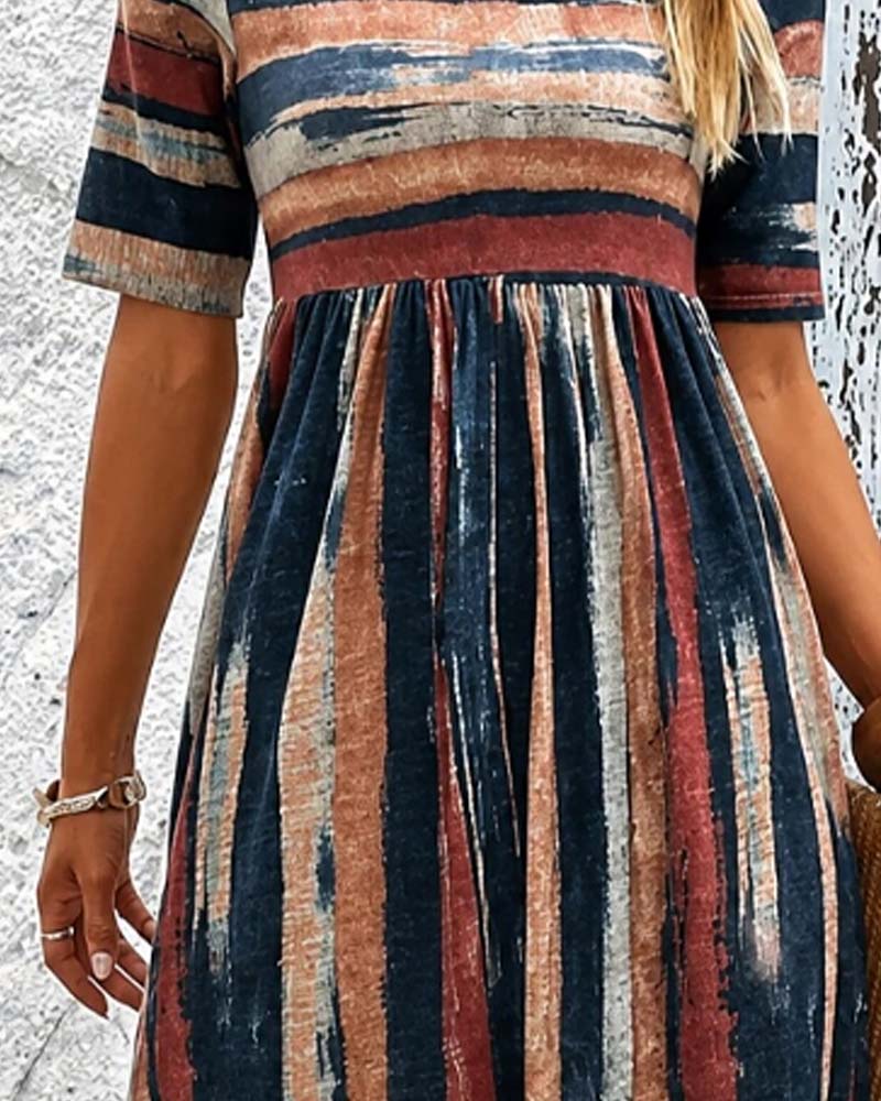 Robe Col Rond Rayé Taille Haute Coupe A