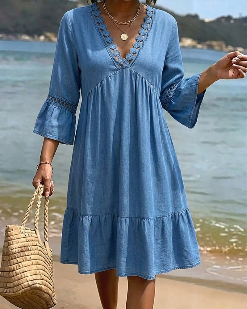 Robe Col En V Manche Évasée Froncée