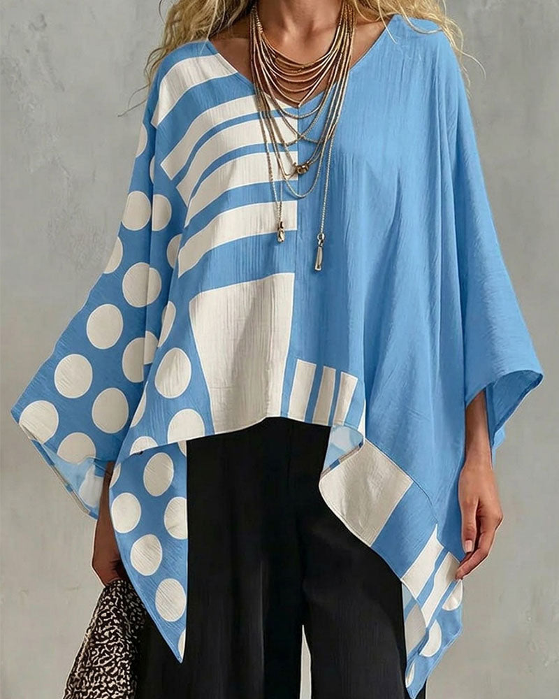 Blouse Polka Dot Rayure Patchwork V Encollure