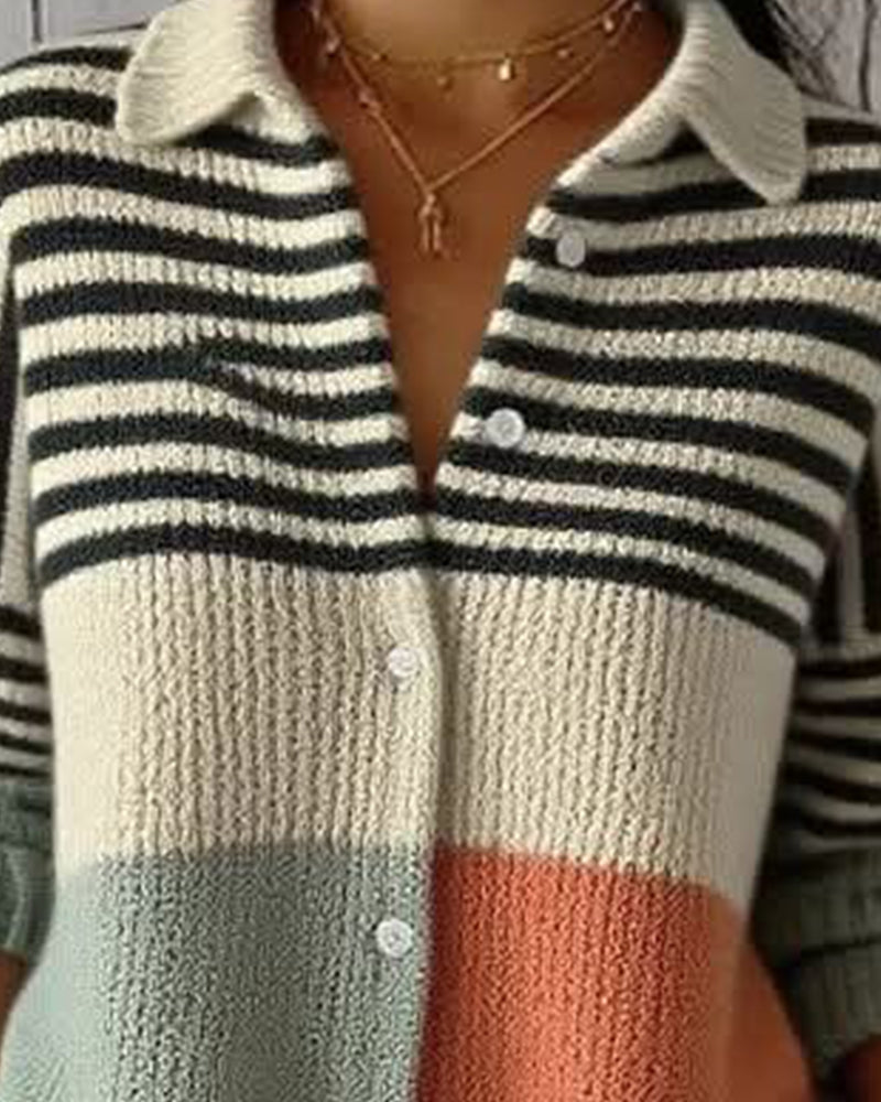 Veste Revers Bouton Rayure Bloc De Couleur