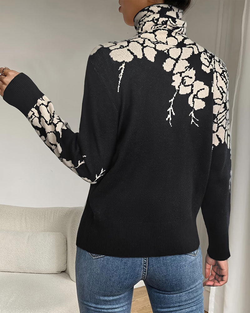 Pullover Col Haut Fleuri Jacquard