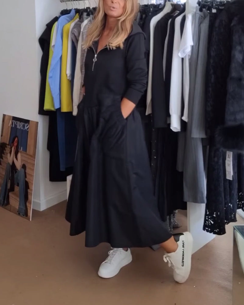 Robe décontractée à capuche avec fermeture éclair et poches patchwork