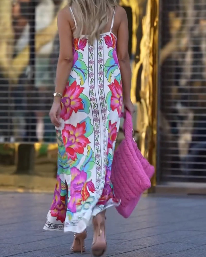 Robe Colorée Imprimé Floral Bretelles Longue