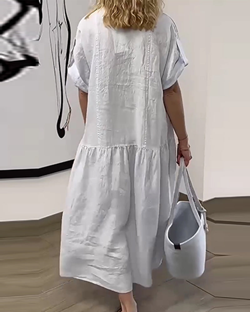 Robe Col V Bouton Plissé Jupe Large
