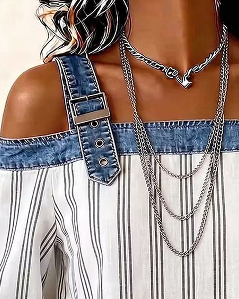 Blouse Denim Hors Épaule Rayure Panneau