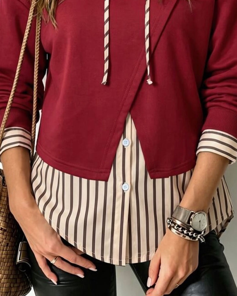 Sweat À Capuche Faux Deux Pièces Rayé Patchwork