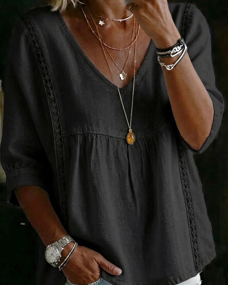 Blouse Volant Garniture Col En V Manche Coude