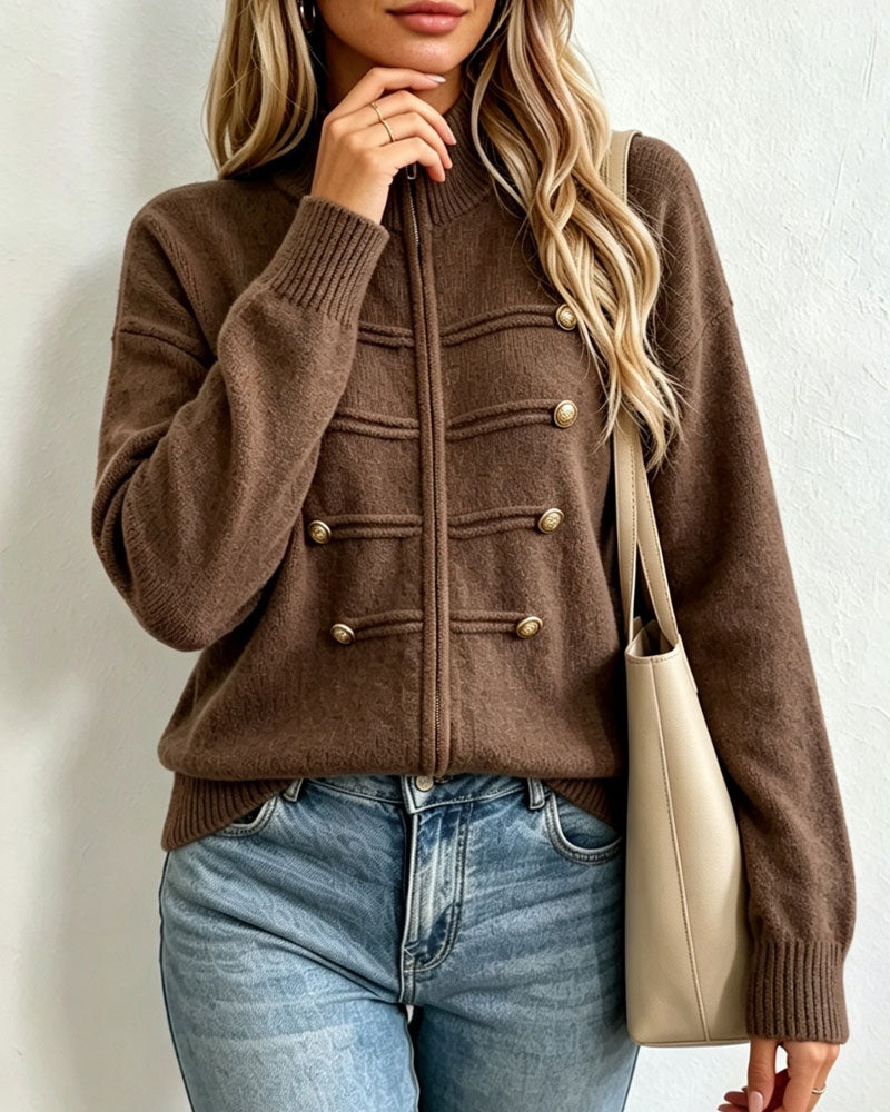 Cardigan Col Mandarin Mode Fermeture Éclair Tricoté