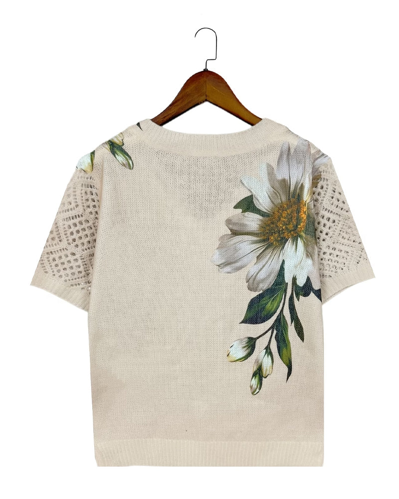 Pull-Over Col En V Tricoté Fleuri