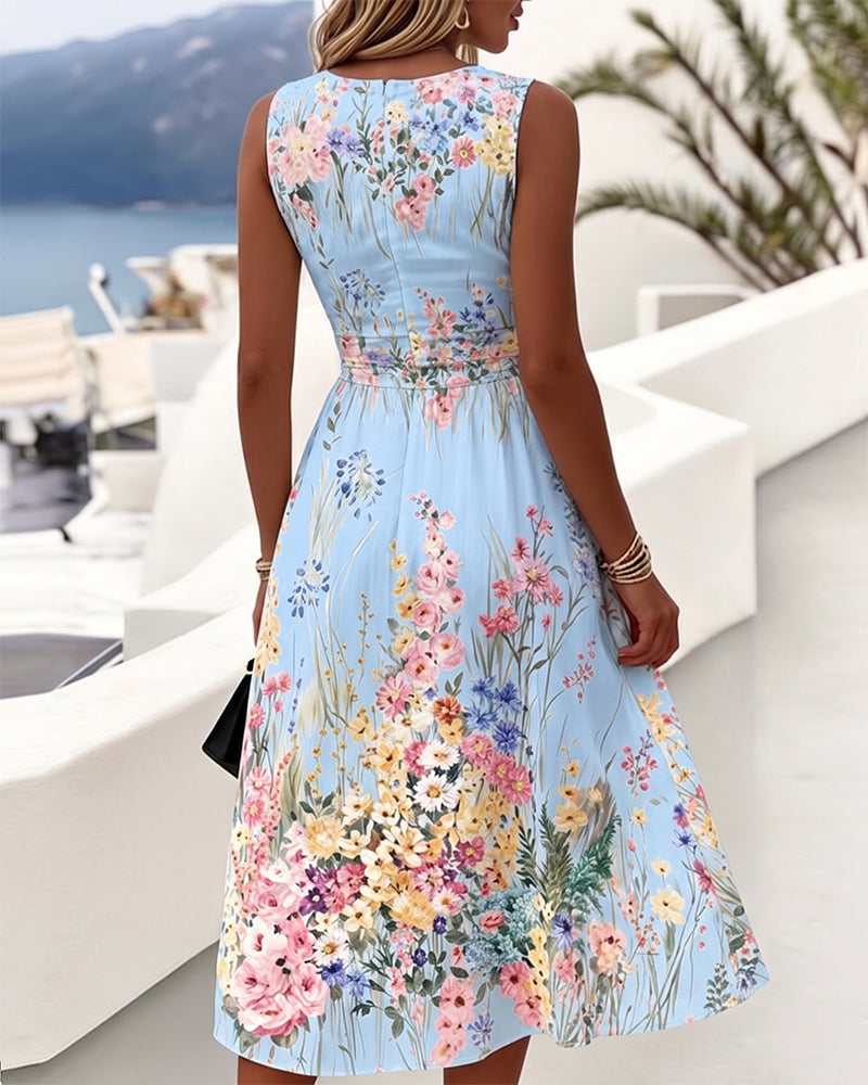 Robe Sans Manches Imprimé Floral Cintrée À La Taille