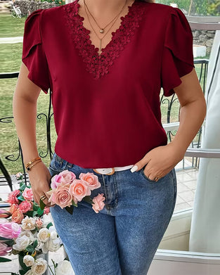 Blouse Col V Unie Manches Bouffantes