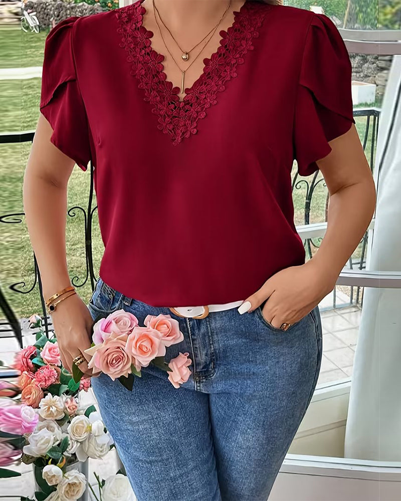 Blouse Col V Unie Manches Bouffantes