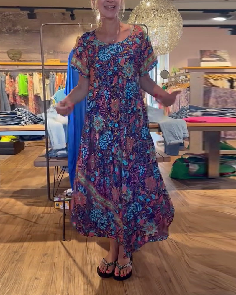 Robe longue imprimée à manches courtes et col rond