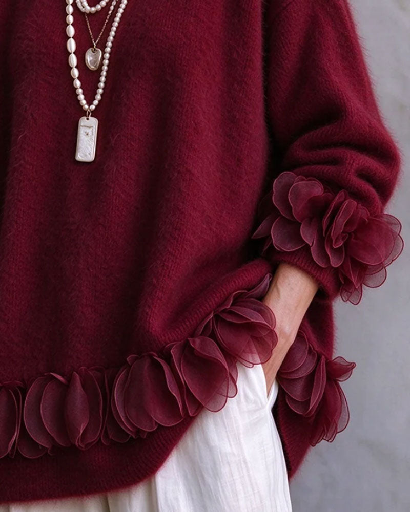 Pullover Floral Décontracté Couleur Unie