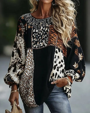 Blouse Col Rond Léopard Tigre Imprimé Contraste