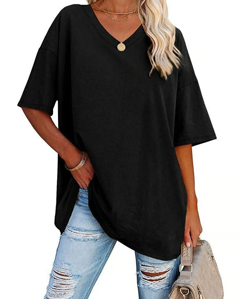 T-Shirt Col En V Lâche Décontracté Manches Courtes