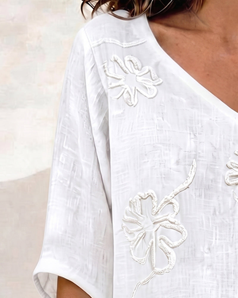 Blouse Col V À Fleurs Manches Mi-Longues