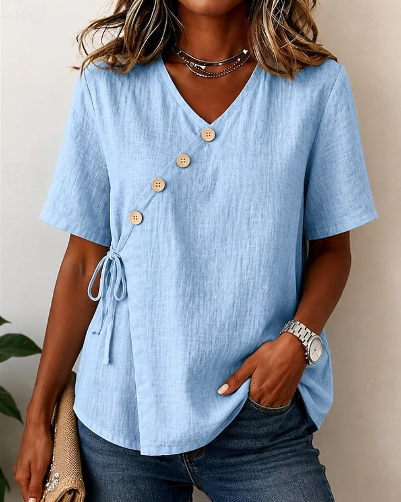 Blouse Col V Bouton Croisé Cravate