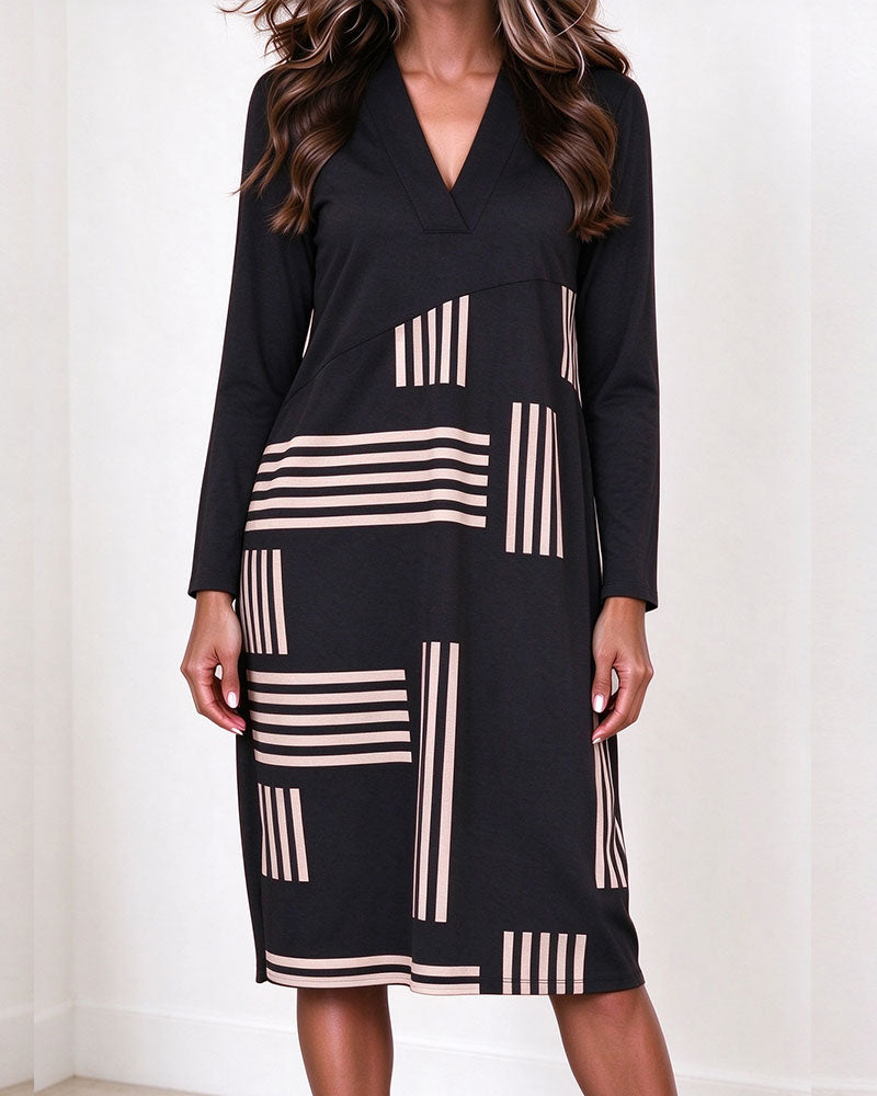 Robe Géométrique Rayé Col En V Manches Longues