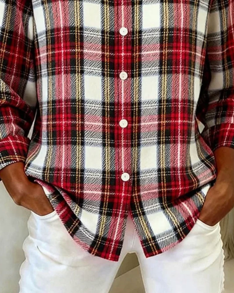 Chemise Revers Bouton À Carreaux Manches Longues