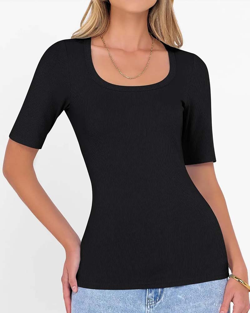 T-Shirt Ajusté Col En U Manches Mi-Longues