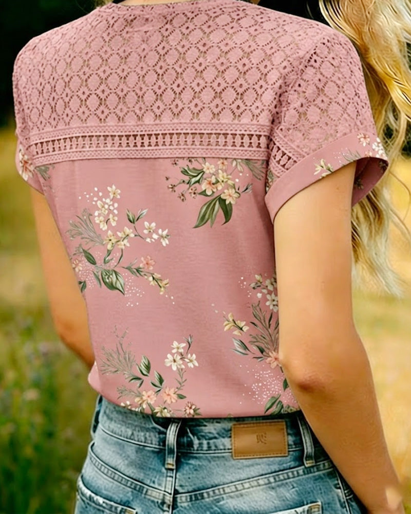 T-Shirt Découpé Patchwork Manches Courtes