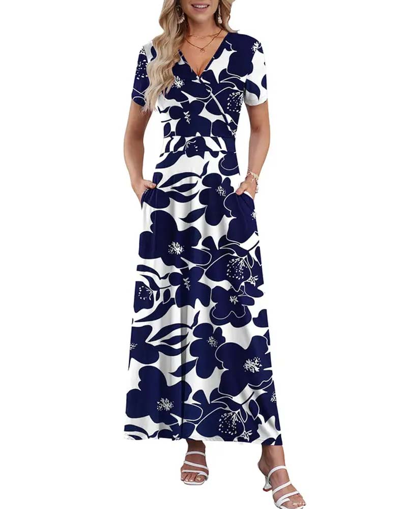Robe Col V Imprimée À Manches Courtes