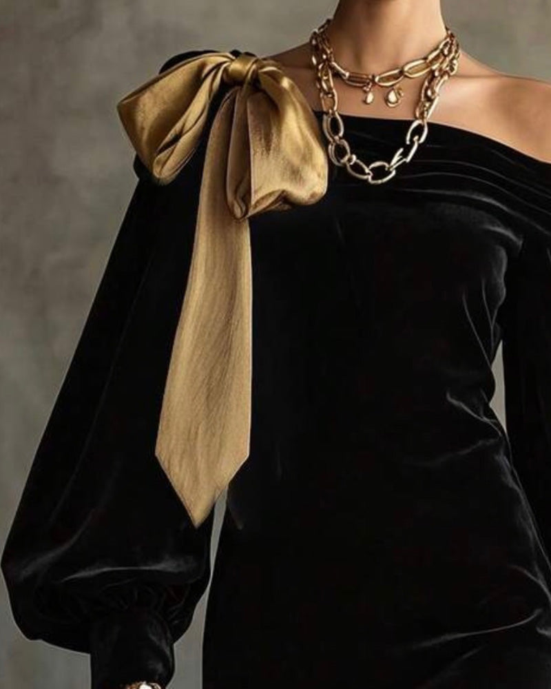 Robe Velours Épaules Nues Nœud Papillon