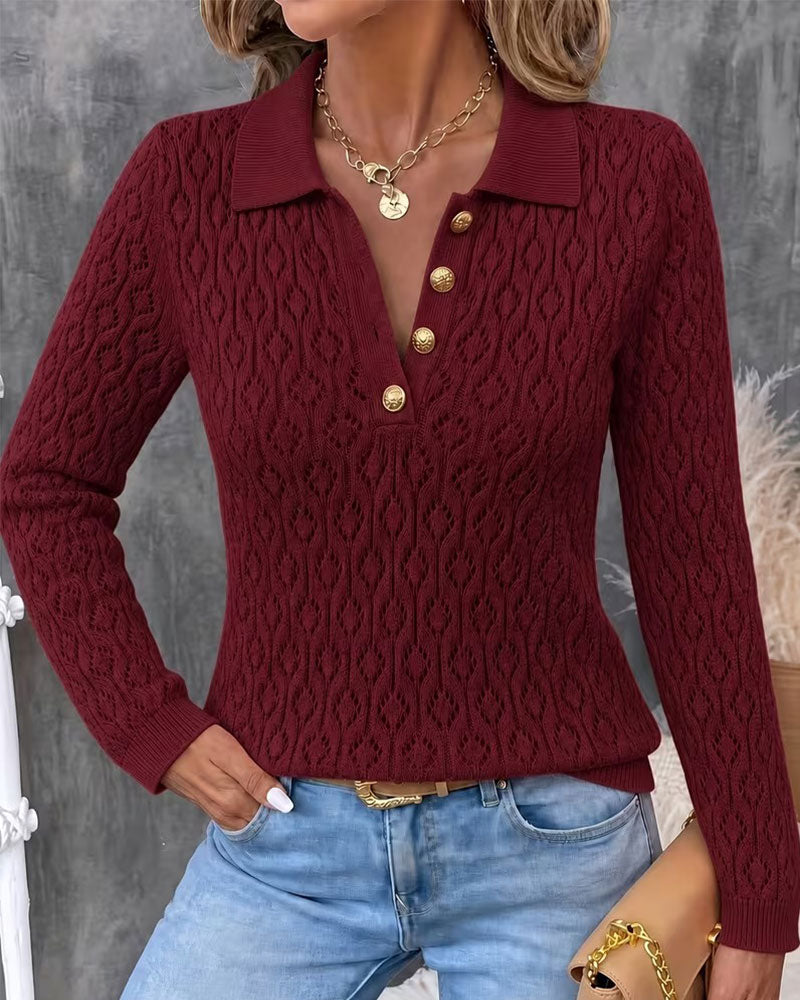 Pullover Col Rabattu Bouton Cutout Slim