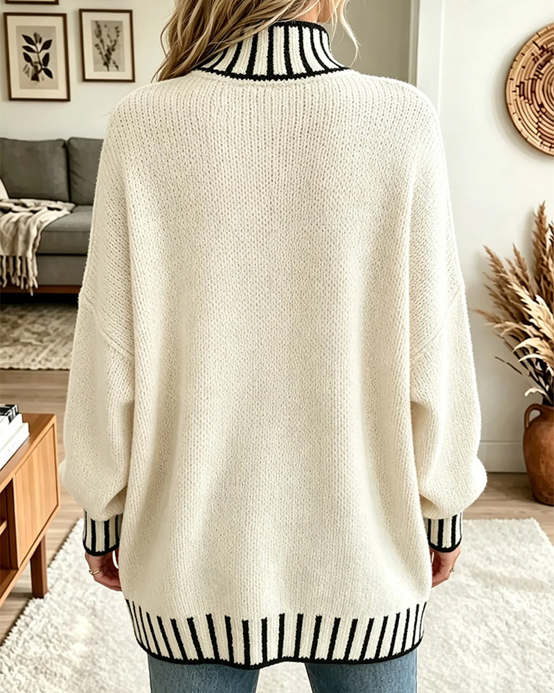 Pullover Contraste Rayé Col Roulé Loose