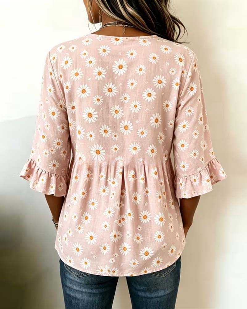 Blouse Imprimé Marguerite Manche Volant Poupée