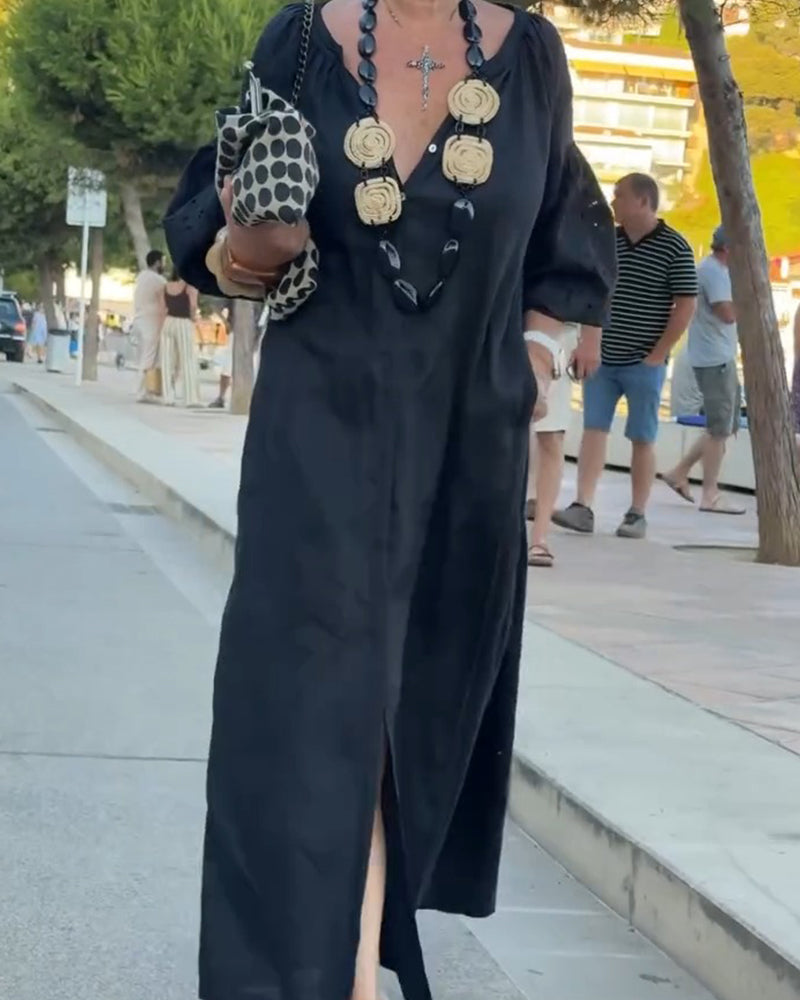 Robe Col V Poche Jupe Ample Lâche Unie
