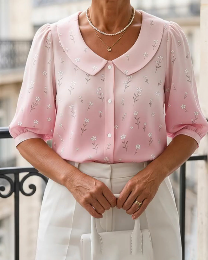 Blouse Florale Col Peter Pan Manche Bouffante