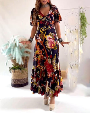 Robe élégante imprimée à col en V et à manches courtes