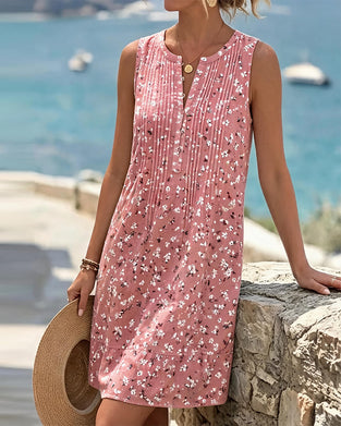 Robe Col Rond Sans Manches Florale Plissée