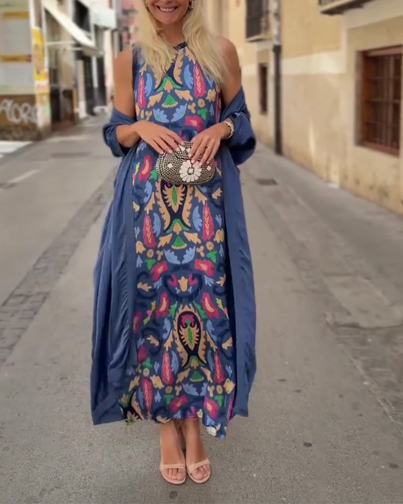 Ensemble Robe Longue Sans Manches Avec Long Cardigan
