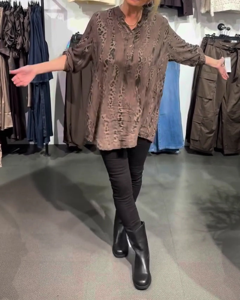 Blouse Col En V Bouton Devant Léopard Imprimé Décontractée
