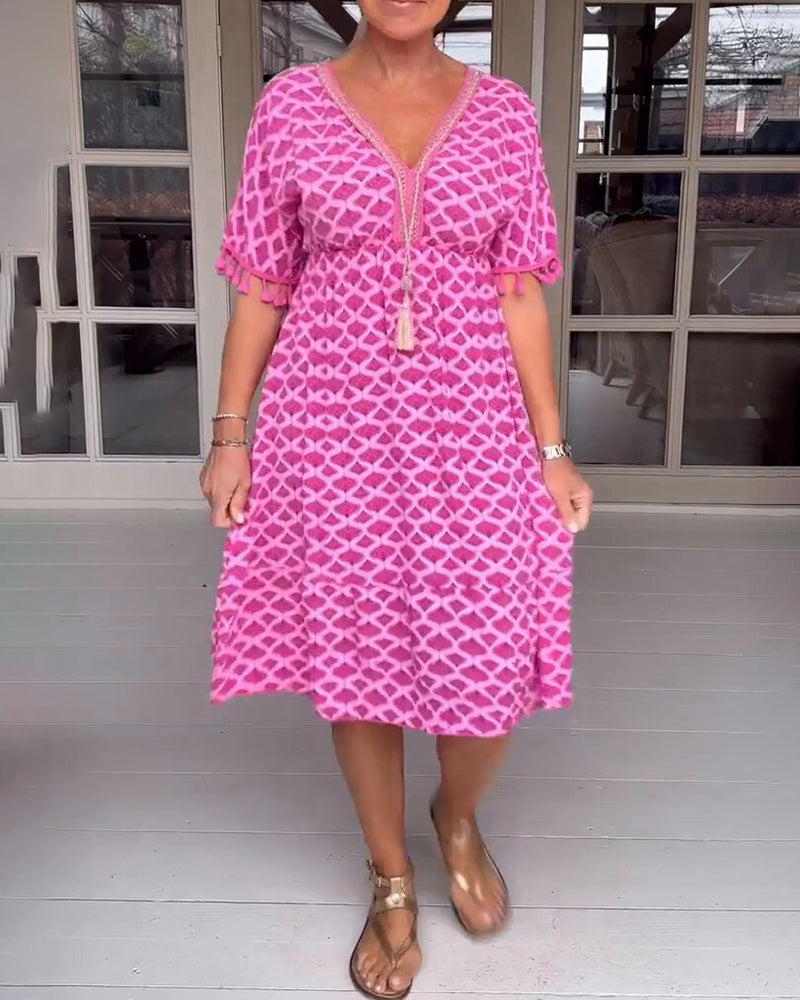 Robe col V imprimée à franges