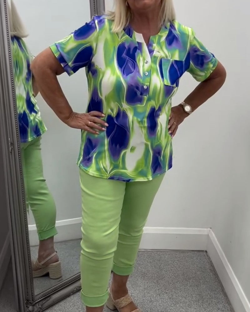 Blouse Col Henley Imprimé Ombre Manches Courtes Poche