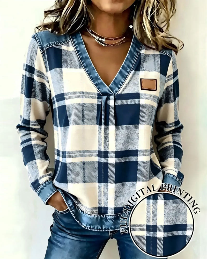 Haut Col En V À Carreaux Denim Patchwork