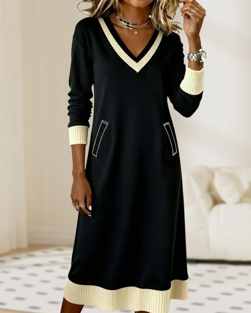 Robe Manches Longues Col En V Contrasté Tricot