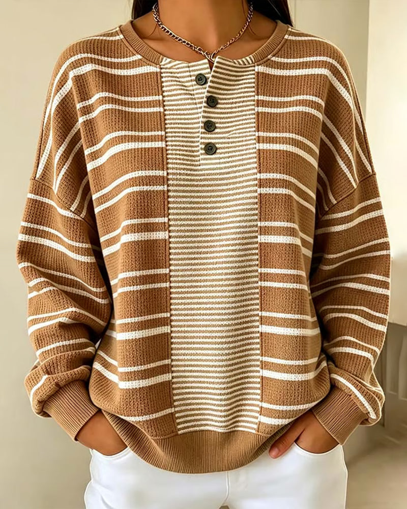 Sweatshirt Rayé Patchwork Manches Longues Henley