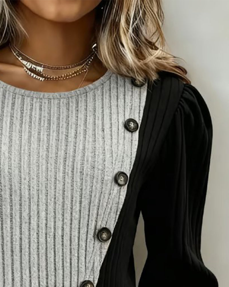 Top À Blocs De Couleur Côtes Ourlet Croisé Manches Longues