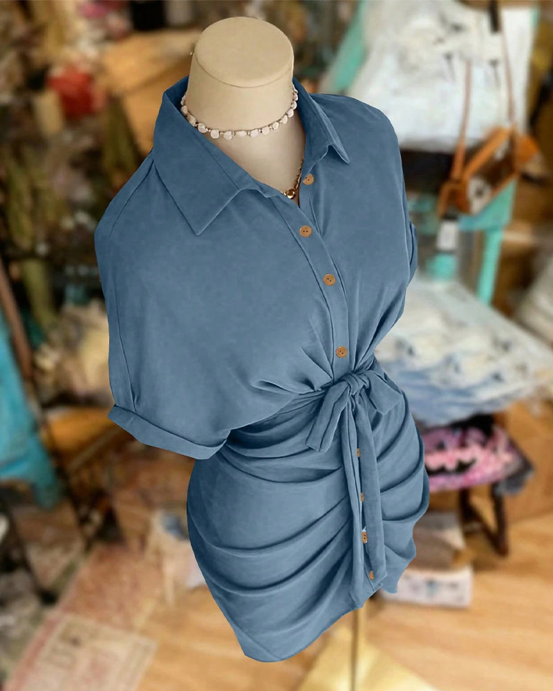 Robe Attacher Bouton Plissé Col Chemise